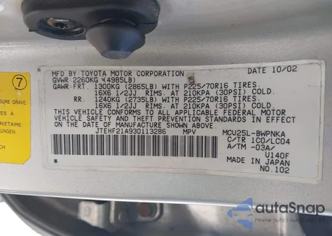 2003 Toyota Highlander Limited V6 from USA, damaged, VIN JTEHF21A930113286